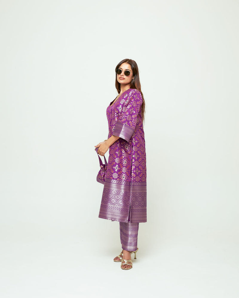 Meena-Purple Brocade Long Kurta Set silk, organza kurta/kurta set by SOBARIKO in purple for women in Singapore