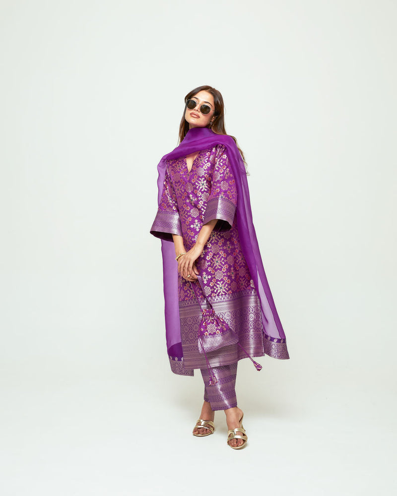 Meena-Purple Brocade Long Kurta Set silk, organza kurta/kurta set by SOBARIKO in purple for women in Singapore