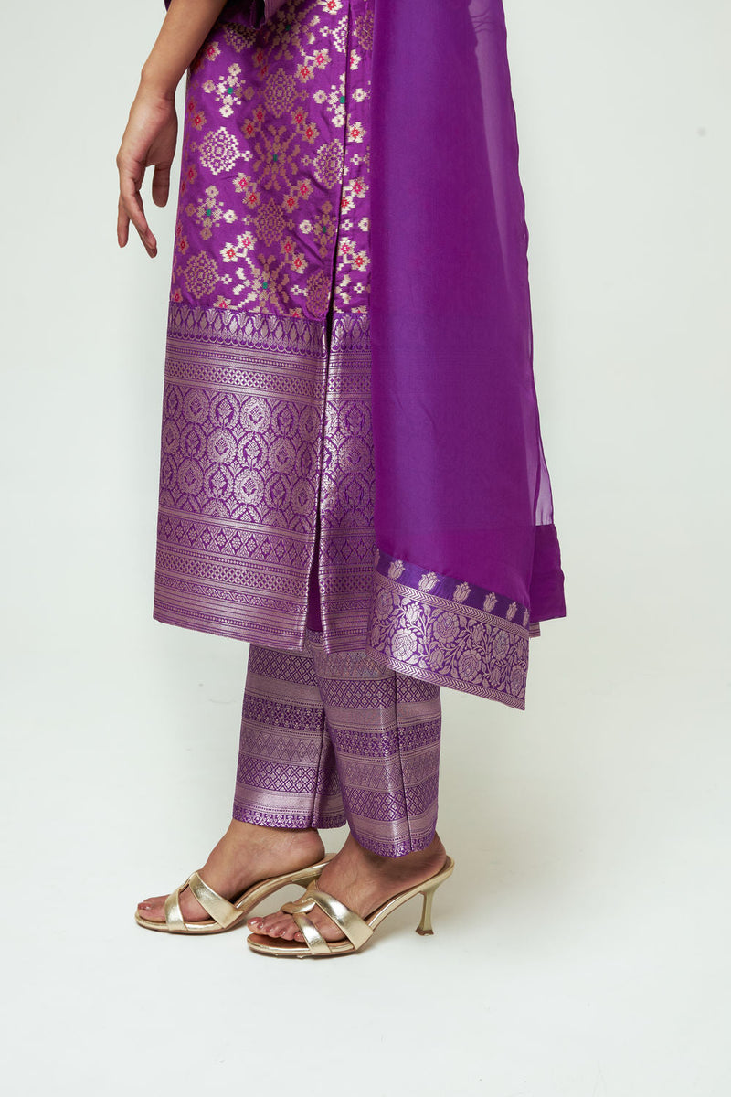 Meena-Purple Brocade Long Kurta Set silk, organza kurta/kurta set by SOBARIKO in purple for women in Singapore
