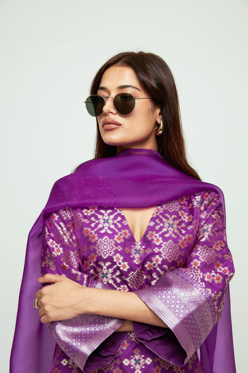 Meena-Purple Brocade Long Kurta Set silk, organza kurta/kurta set by SOBARIKO in purple for women in Singapore