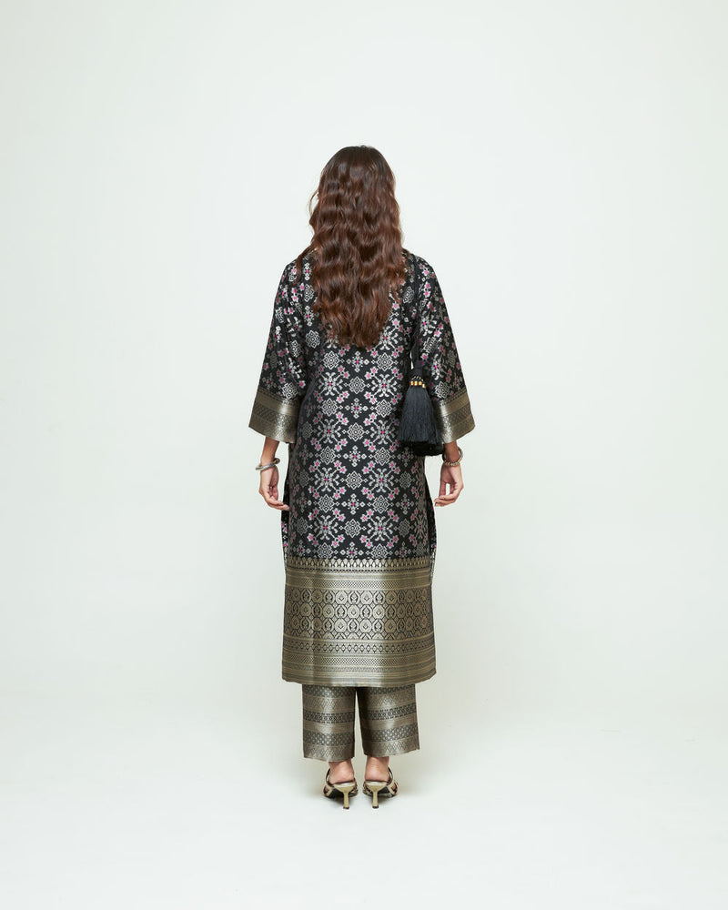 Meena-Black Brocade Long Kurta Set silk, organza kurta/kurta set by SOBARIKO in black for women in Singapore