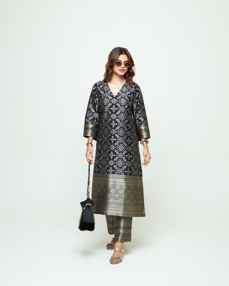 Meena-Black Brocade Long Kurta Set silk, organza kurta/kurta set by SOBARIKO in black for women in Singapore