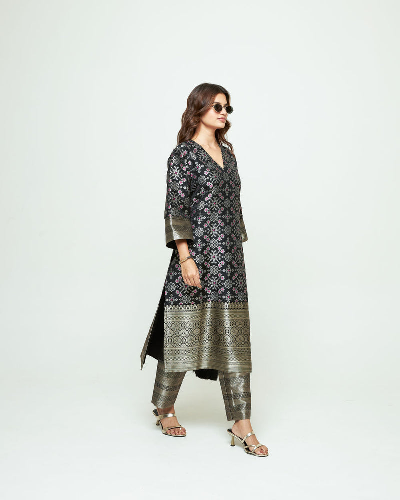 Meena-Black Brocade Long Kurta Set silk, organza kurta/kurta set by SOBARIKO in black for women in Singapore