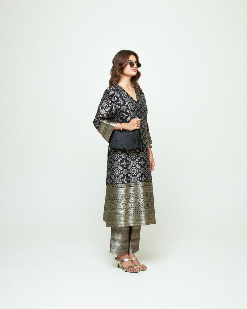 Meena-Black Brocade Long Kurta Set silk, organza kurta/kurta set by SOBARIKO in black for women in Singapore