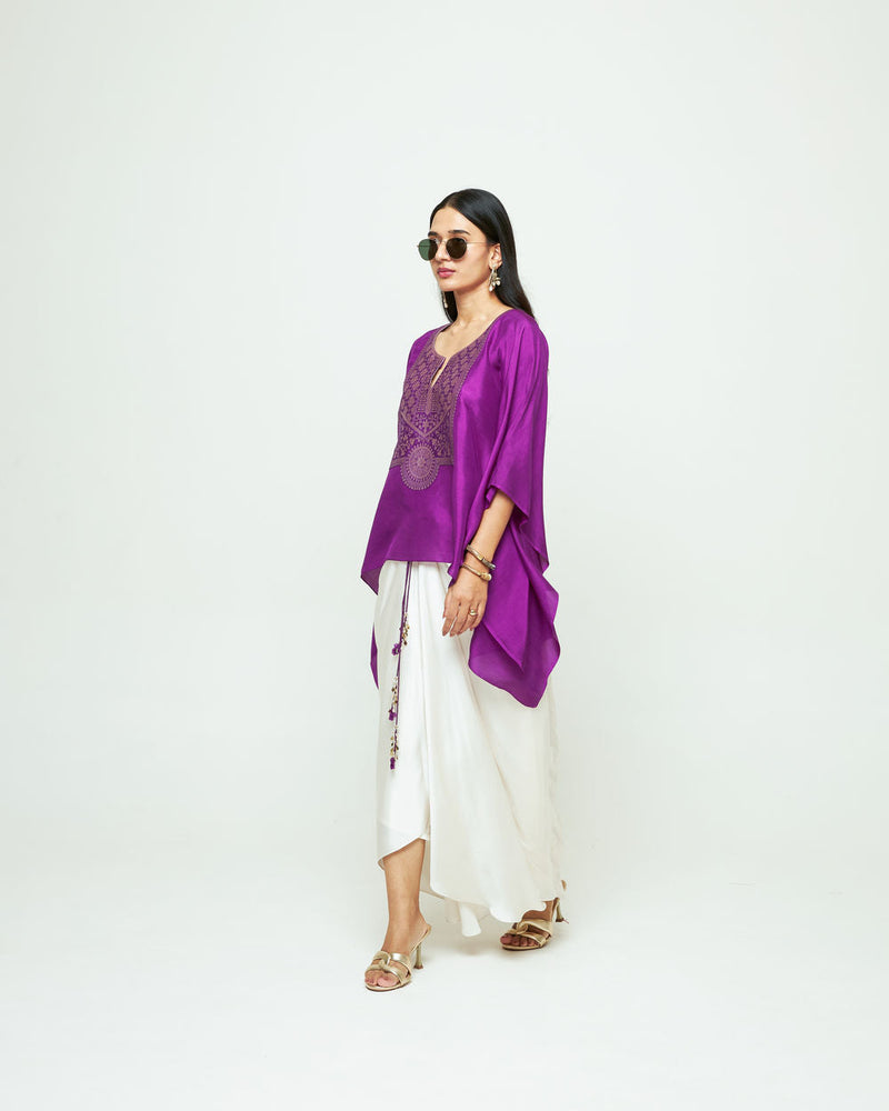 Ashi-Statement Kaftan With Skirt-Purple silk, modal satin indo-western by SOBARIKO in purple, ivory for women in Singapore