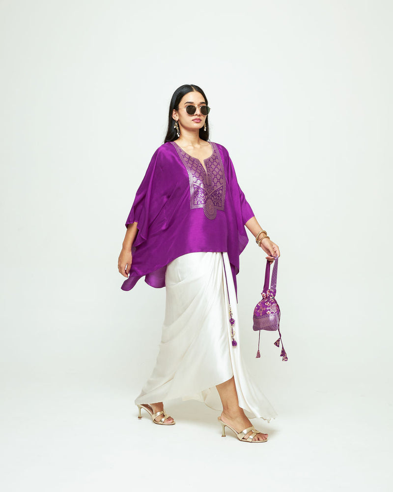 Ashi-Statement Kaftan With Skirt-Purple silk, modal satin indo-western by SOBARIKO in purple, ivory for women in Singapore