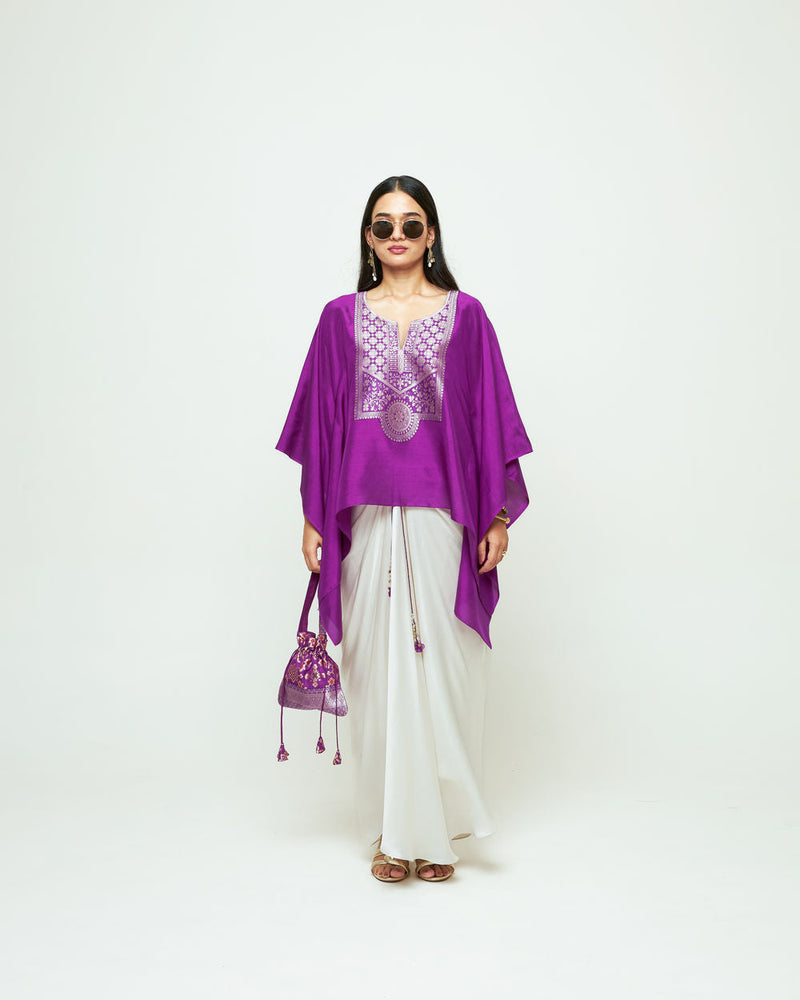 Ashi-Statement Kaftan With Skirt-Purple silk, modal satin indo-western by SOBARIKO in purple, ivory for women in Singapore