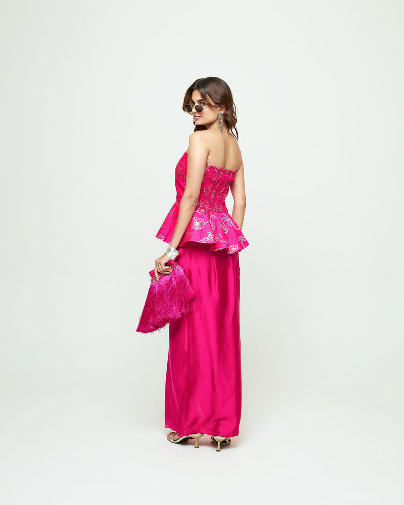 Rosa-Brocade Peplum Draped Skirt Set-Pink silk, modal satin indo-western by SOBARIKO in pink for women in Singapore