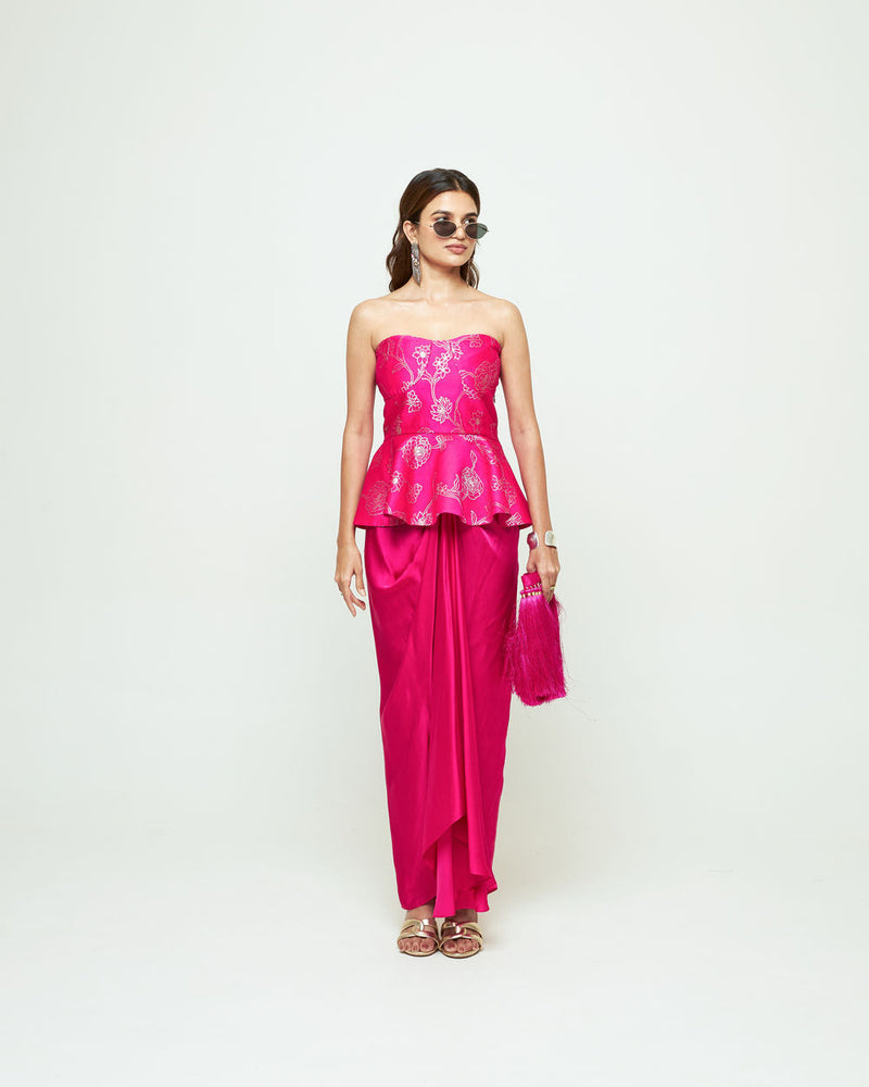 Rosa-Brocade Peplum Draped Skirt Set-Pink silk, modal satin indo-western by SOBARIKO in pink for women in Singapore