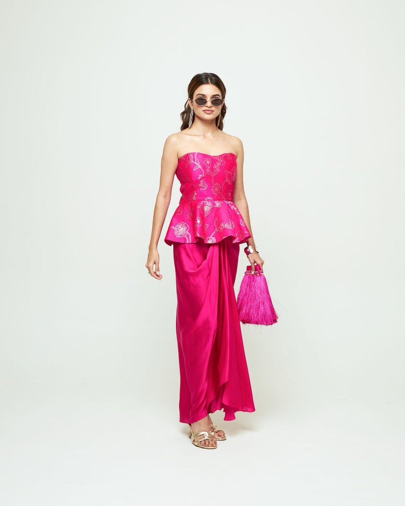 Rosa-Brocade Peplum Draped Skirt Set-Pink silk, modal satin indo-western by SOBARIKO in pink for women in Singapore