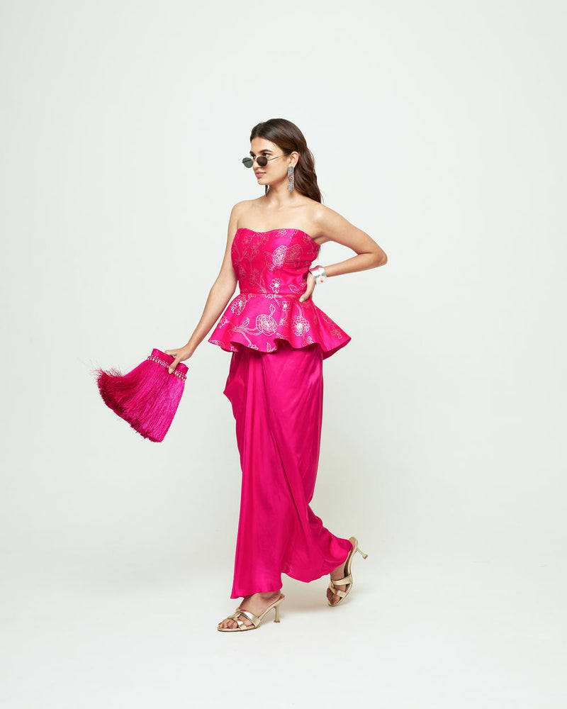 Rosa-Brocade Peplum Draped Skirt Set-Pink silk, modal satin indo-western by SOBARIKO in pink for women in Singapore