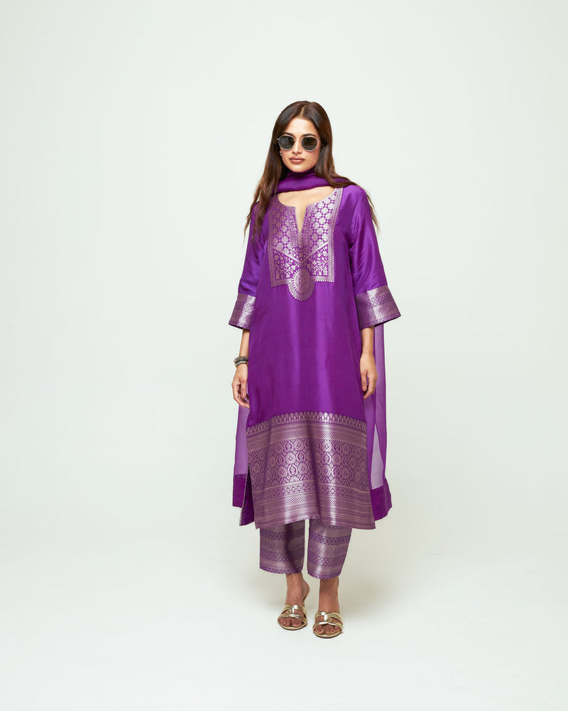 Meher Purple Tunic Set silk ,organza kurta/kurta set by SOBARIKO in purple for women in Singapore