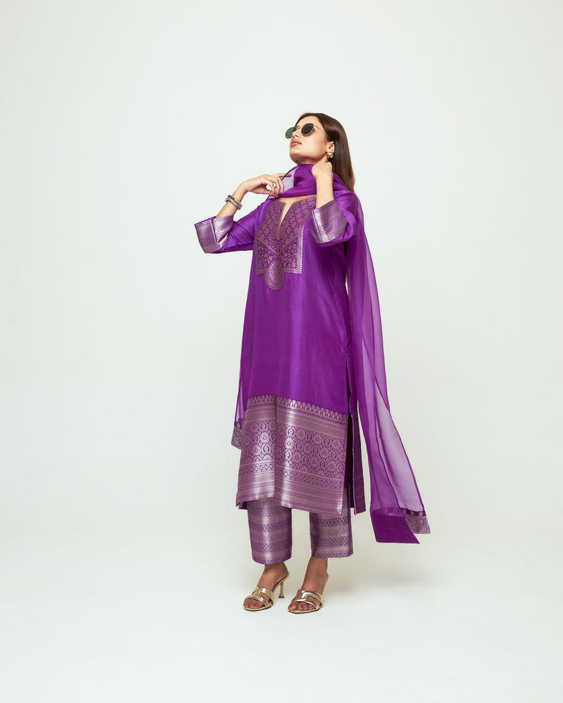 Meher Purple Tunic Set silk ,organza kurta/kurta set by SOBARIKO in purple for women in Singapore