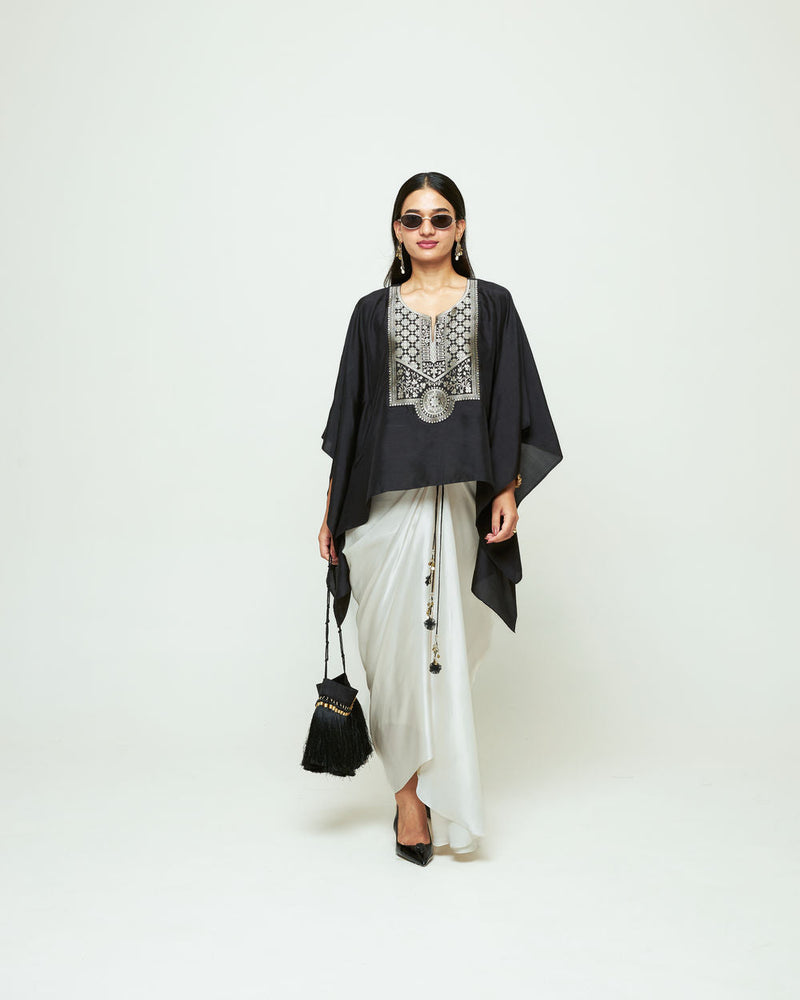 Ashi-Statement Kaftan With Skirt-Black silk, modal satin indo-western by SOBARIKO in black, ivory for women in Singapore