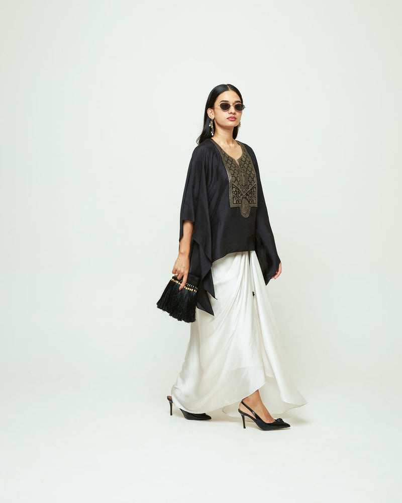 Ashi-Statement Kaftan With Skirt-Black silk, modal satin indo-western by SOBARIKO in black, ivory for women in Singapore