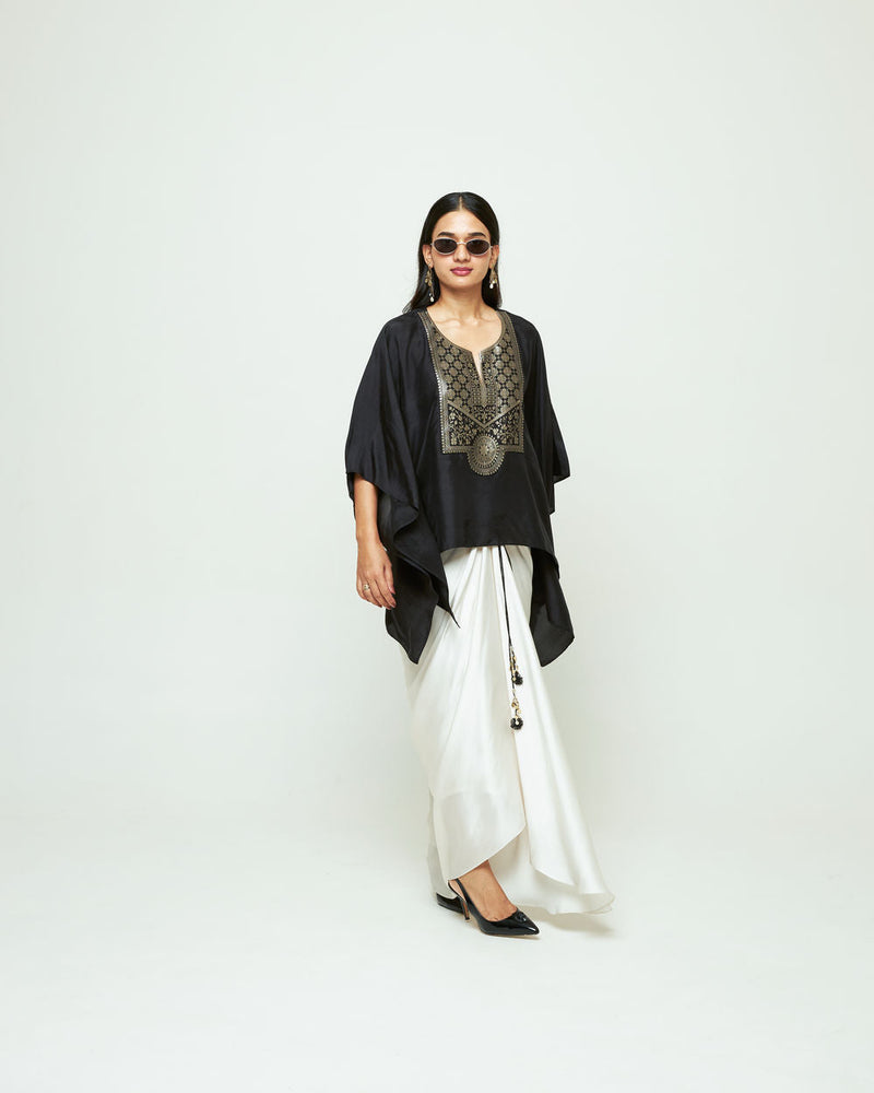 Ashi-Statement Kaftan With Skirt-Black silk, modal satin indo-western by SOBARIKO in black, ivory for women in Singapore