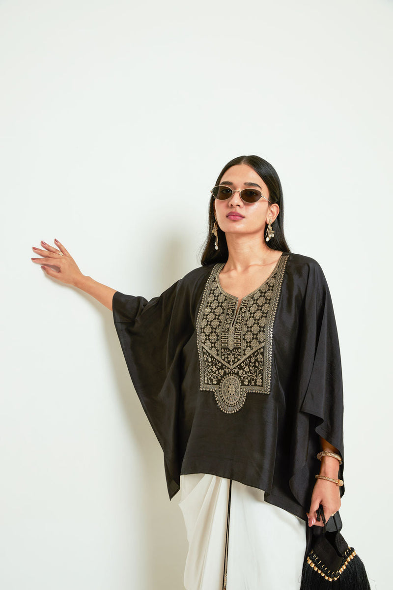 Ashi-Statement Kaftan With Skirt-Black silk, modal satin indo-western by SOBARIKO in black, ivory for women in Singapore