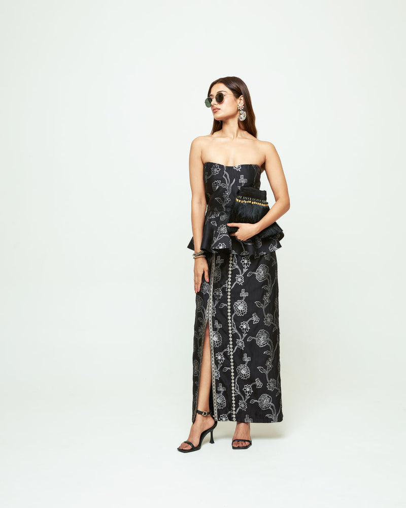 Rosa-Brocade Peplum Skirt Set-Black silk indo-western by SOBARIKO in black for women in Singapore
