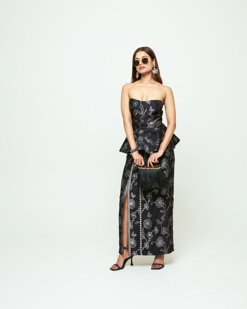 Rosa-Brocade Peplum Skirt Set-Black silk indo-western by SOBARIKO in black for women in Singapore