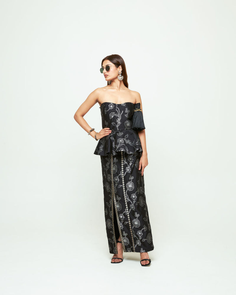 Rosa-Brocade Peplum Skirt Set-Black silk indo-western by SOBARIKO in black for women in Singapore
