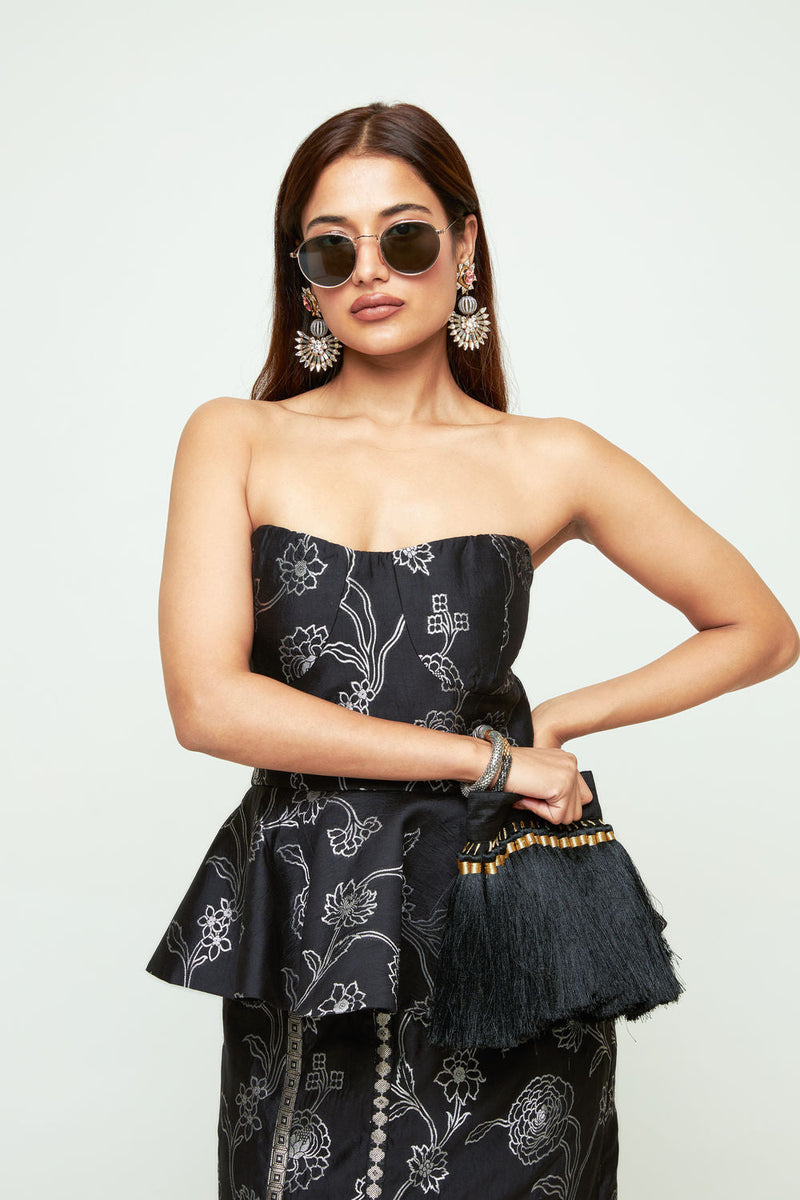 Rosa-Brocade Peplum Skirt Set-Black silk indo-western by SOBARIKO in black for women in Singapore