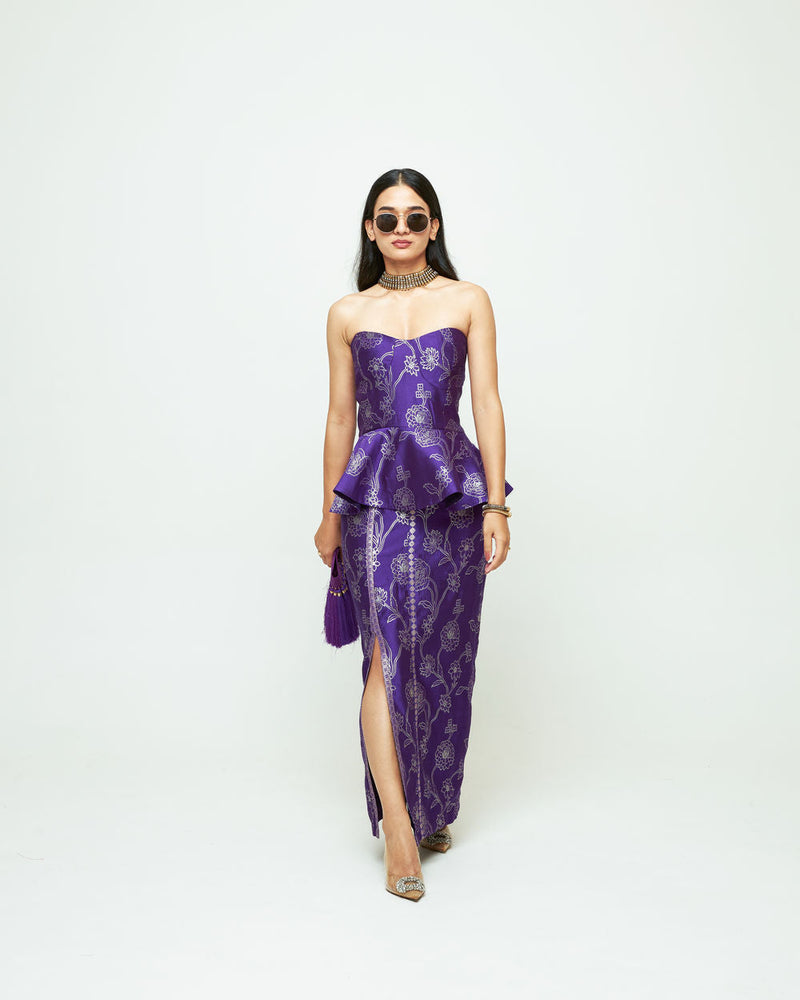 Rosa-Brocade Peplum Skirt Set-Purple silk indo-western by SOBARIKO in purple for women in Singapore