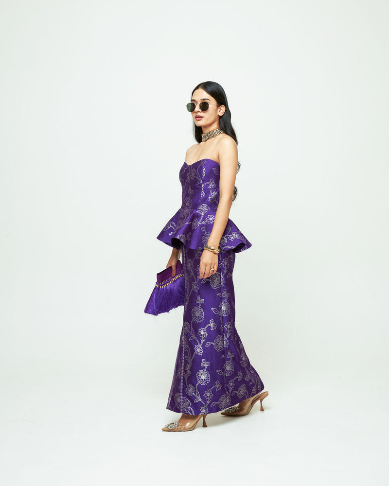 Rosa-Brocade Peplum Skirt Set-Purple silk indo-western by SOBARIKO in purple for women in Singapore