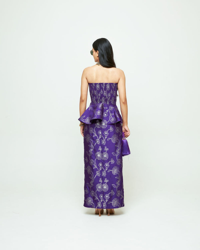 Rosa-Brocade Peplum Skirt Set-Purple silk indo-western by SOBARIKO in purple for women in Singapore