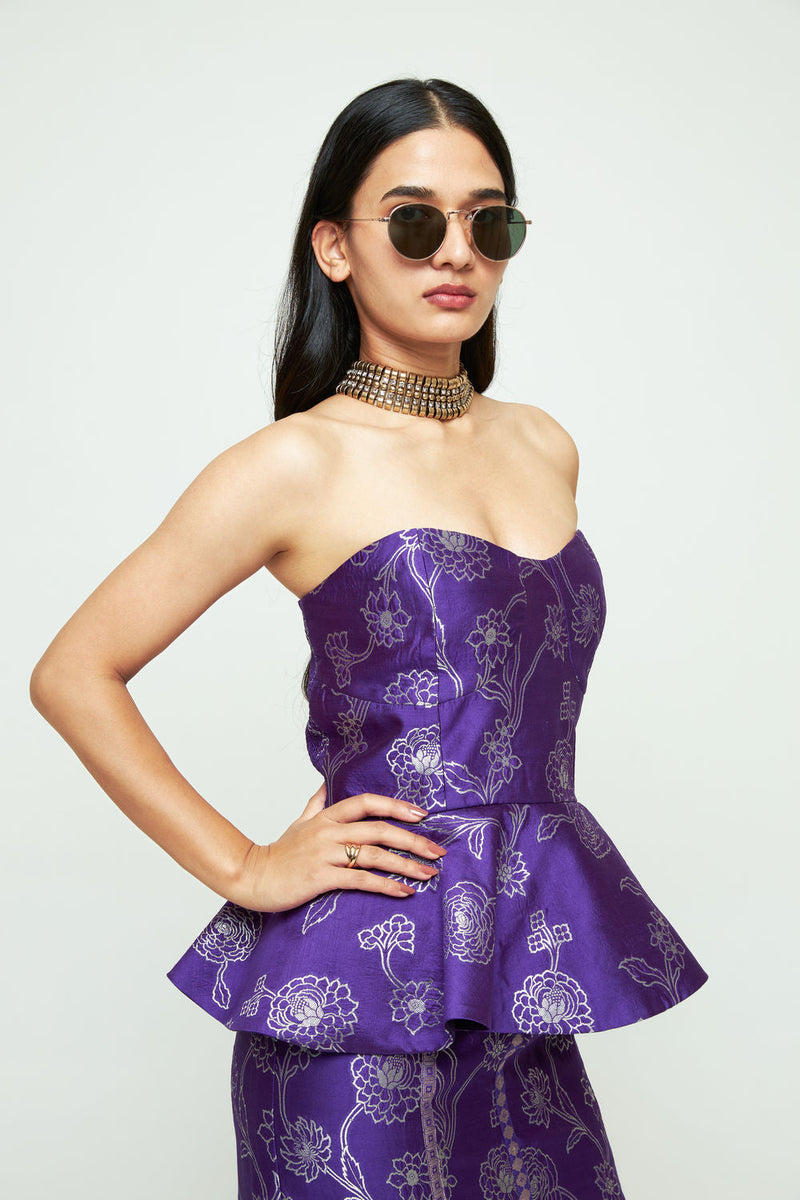 Rosa-Brocade Peplum Skirt Set-Purple silk indo-western by SOBARIKO in purple for women in Singapore