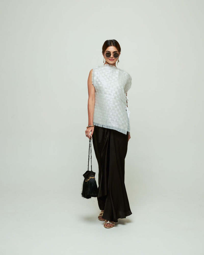 Isa Assymentrical Textured Top Skirt Set-Ivory organza, modal satin indo-western by SOBARIKO in ivory, black for women in Singapore