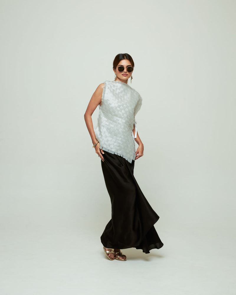 Isa Assymentrical Textured Top Skirt Set-Ivory organza, modal satin indo-western by SOBARIKO in ivory, black for women in Singapore