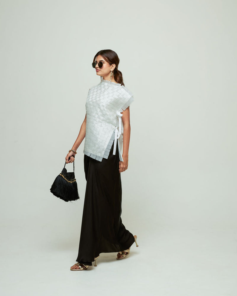 Isa Assymentrical Textured Top Skirt Set-Ivory organza, modal satin indo-western by SOBARIKO in ivory, black for women in Singapore