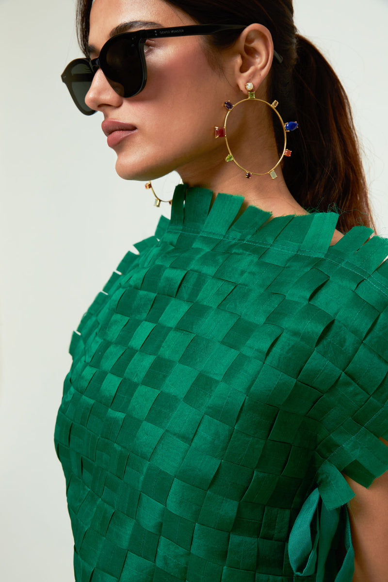 Isa Assymentrical Textured Top Skirt Set-Green organza, modal satin indo-western by SOBARIKO in green, black for women in Singapore