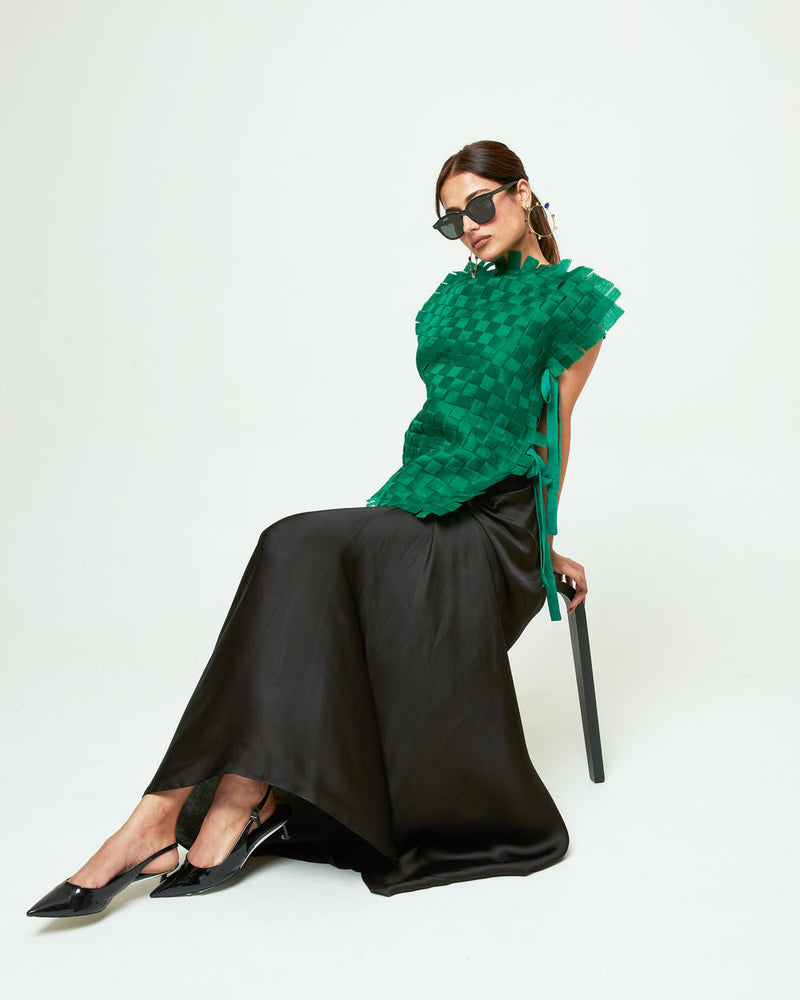 Isa Assymentrical Textured Top Skirt Set-Green organza, modal satin indo-western by SOBARIKO in green, black for women in Singapore
