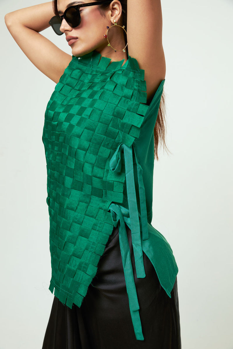 Isa Assymentrical Textured Top Skirt Set-Green organza, modal satin indo-western by SOBARIKO in green, black for women in Singapore