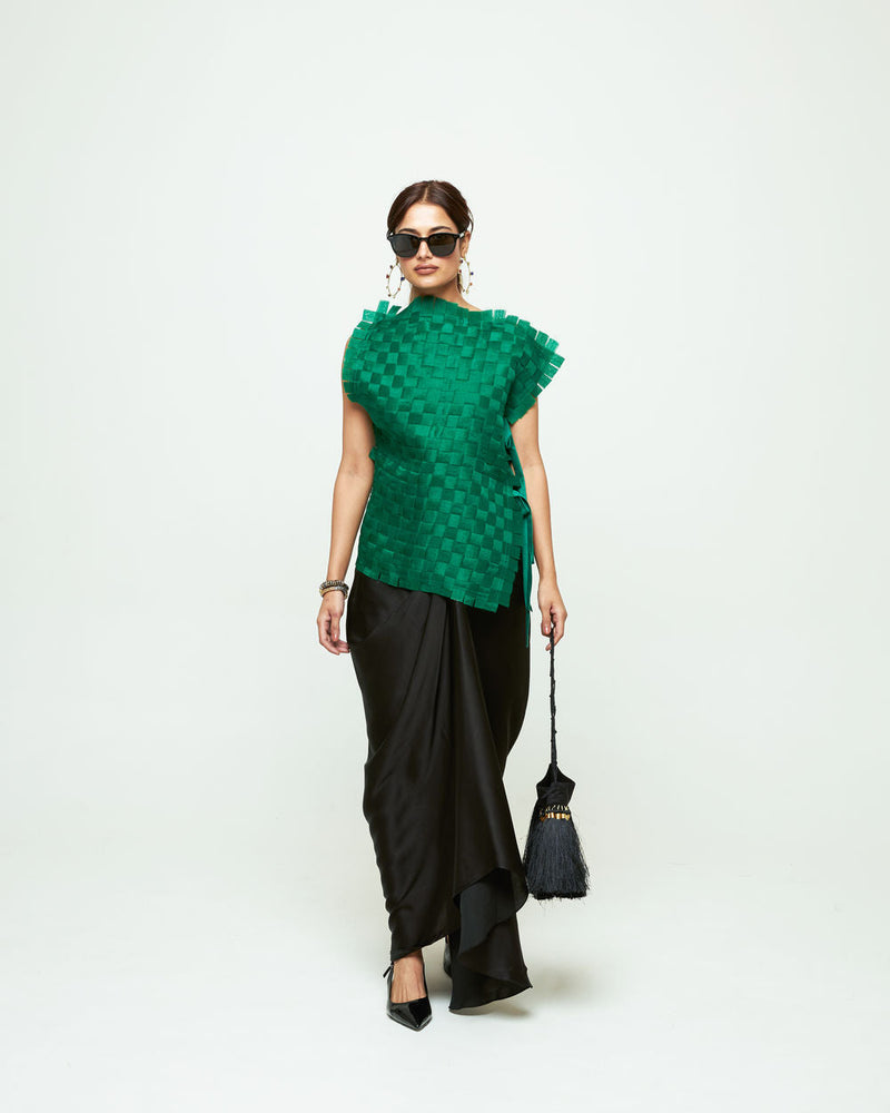 Isa Assymentrical Textured Top Skirt Set-Green organza, modal satin indo-western by SOBARIKO in green, black for women in Singapore