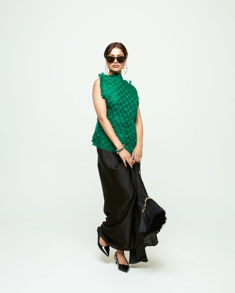 Isa Assymentrical Textured Top Skirt Set-Green organza, modal satin indo-western by SOBARIKO in green, black for women in Singapore