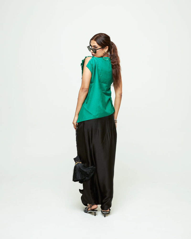 Isa Assymentrical Textured Top Skirt Set-Green organza, modal satin indo-western by SOBARIKO in green, black for women in Singapore