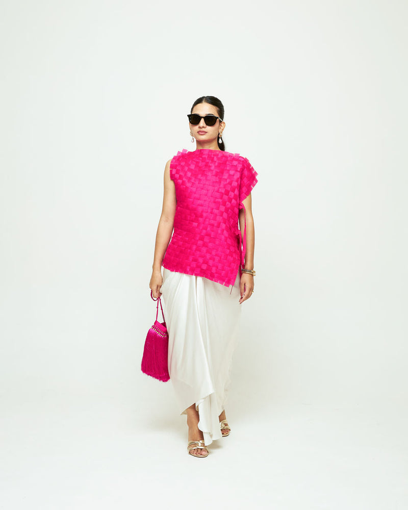 Isa Assymentrical Textured Top Skirt Set-Pink organza, modal satin indo-western by SOBARIKO in pink, ivory for women in Singapore