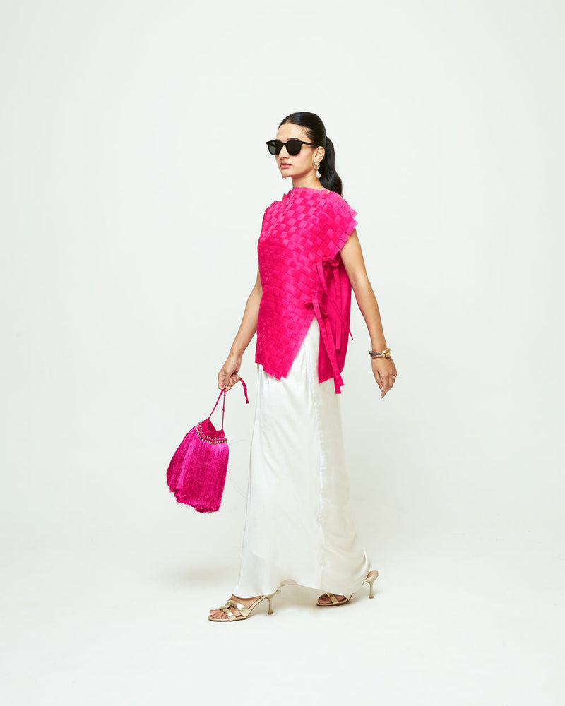 Isa Assymentrical Textured Top Skirt Set-Pink organza, modal satin indo-western by SOBARIKO in pink, ivory for women in Singapore