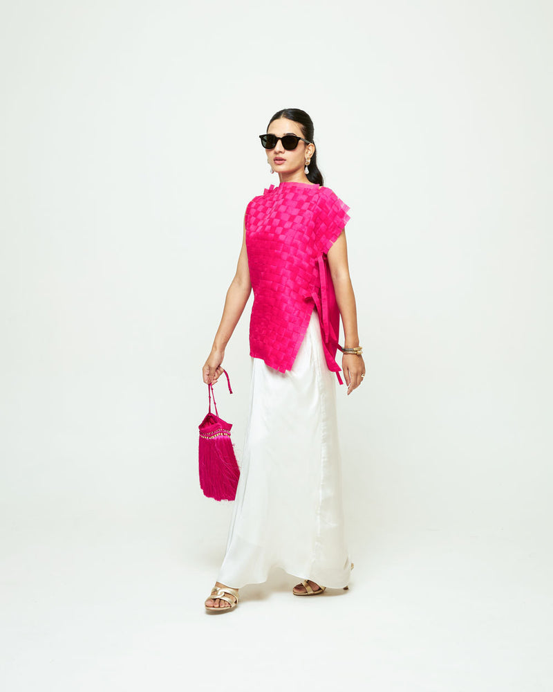 Isa Assymentrical Textured Top Skirt Set-Pink organza, modal satin indo-western by SOBARIKO in pink, ivory for women in Singapore