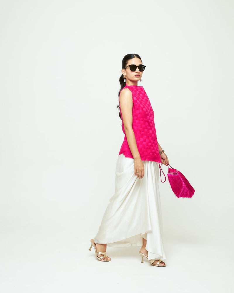 Isa Assymentrical Textured Top Skirt Set-Pink organza, modal satin indo-western by SOBARIKO in pink, ivory for women in Singapore