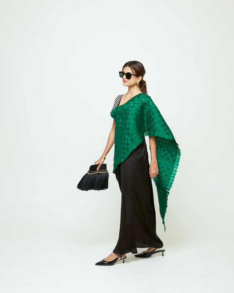 Isa Textured Saree Skirt Set-Green organza, modal satin saree by SOBARIKO in green, black for women in Singapore