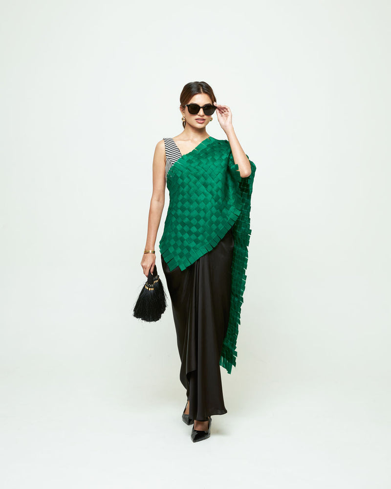 Isa Textured Saree Skirt Set-Green organza, modal satin saree by SOBARIKO in green, black for women in Singapore