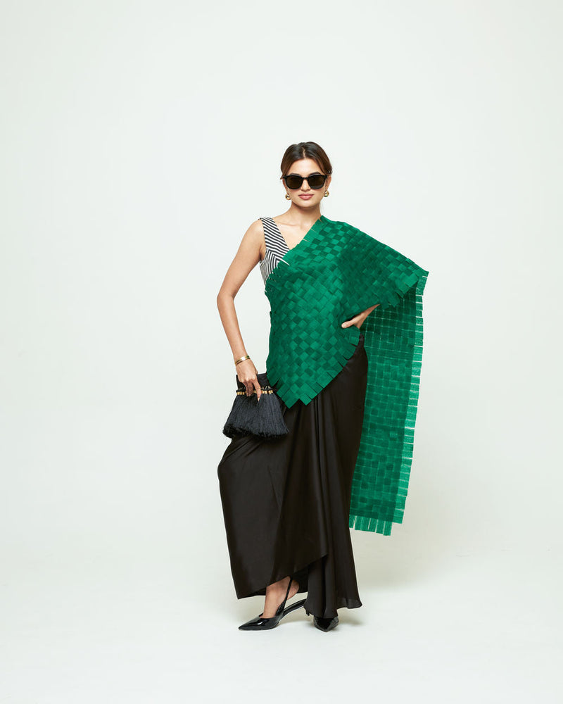 Isa Textured Saree Skirt Set-Green organza, modal satin saree by SOBARIKO in green, black for women in Singapore