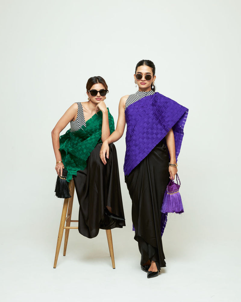 Isa Textured Saree Skirt Set-Green organza, modal satin saree by SOBARIKO in green, black for women in Singapore