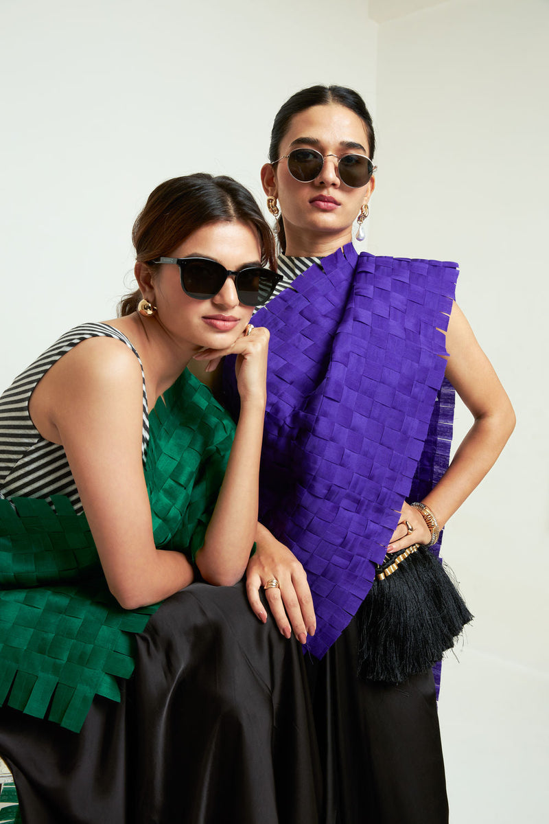 Isa Textured Saree Skirt Set-Ultramarine organza, modal satin saree by SOBARIKO in black for women in Singapore
