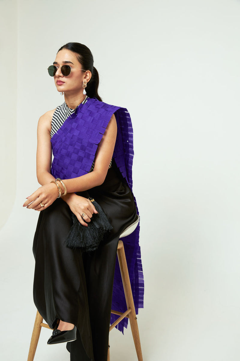 Isa Textured Saree Skirt Set-Ultramarine organza, modal satin saree by SOBARIKO in black for women in Singapore