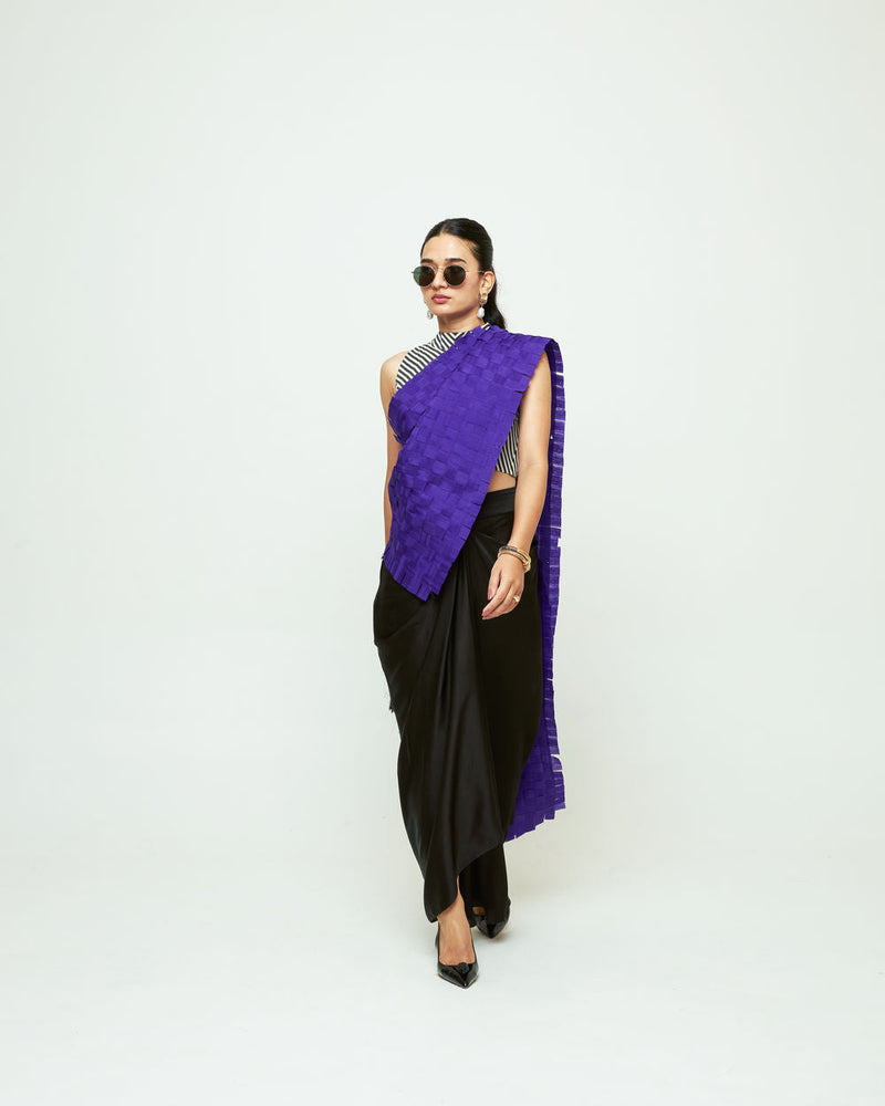 Isa Textured Saree Skirt Set-Ultramarine organza, modal satin saree by SOBARIKO in black for women in Singapore