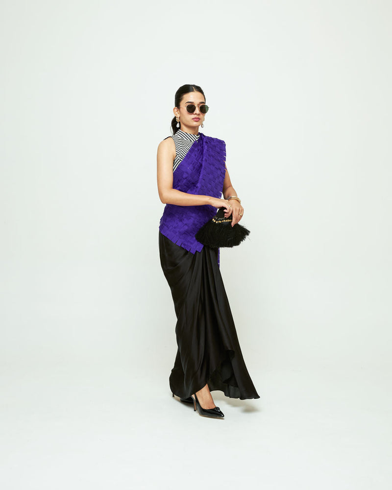 Isa Textured Saree Skirt Set-Ultramarine organza, modal satin saree by SOBARIKO in black for women in Singapore